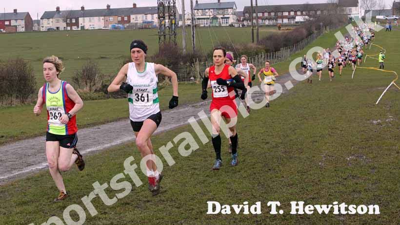 Early leaders, 262 Claire Martin (Telford AC), eventual winner 361 Julie Briscoe (Wakefield) and  255 Clare Elms (Dulwich Runners) BMAF Cross Country, Herrington, Sunderland.